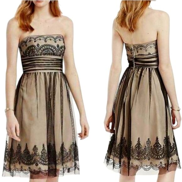 Y2K Black Strapless Tulle Dress Short Beaded Formal Lace Cream Boho Whimsigoth 4 - Picture 1 of 16